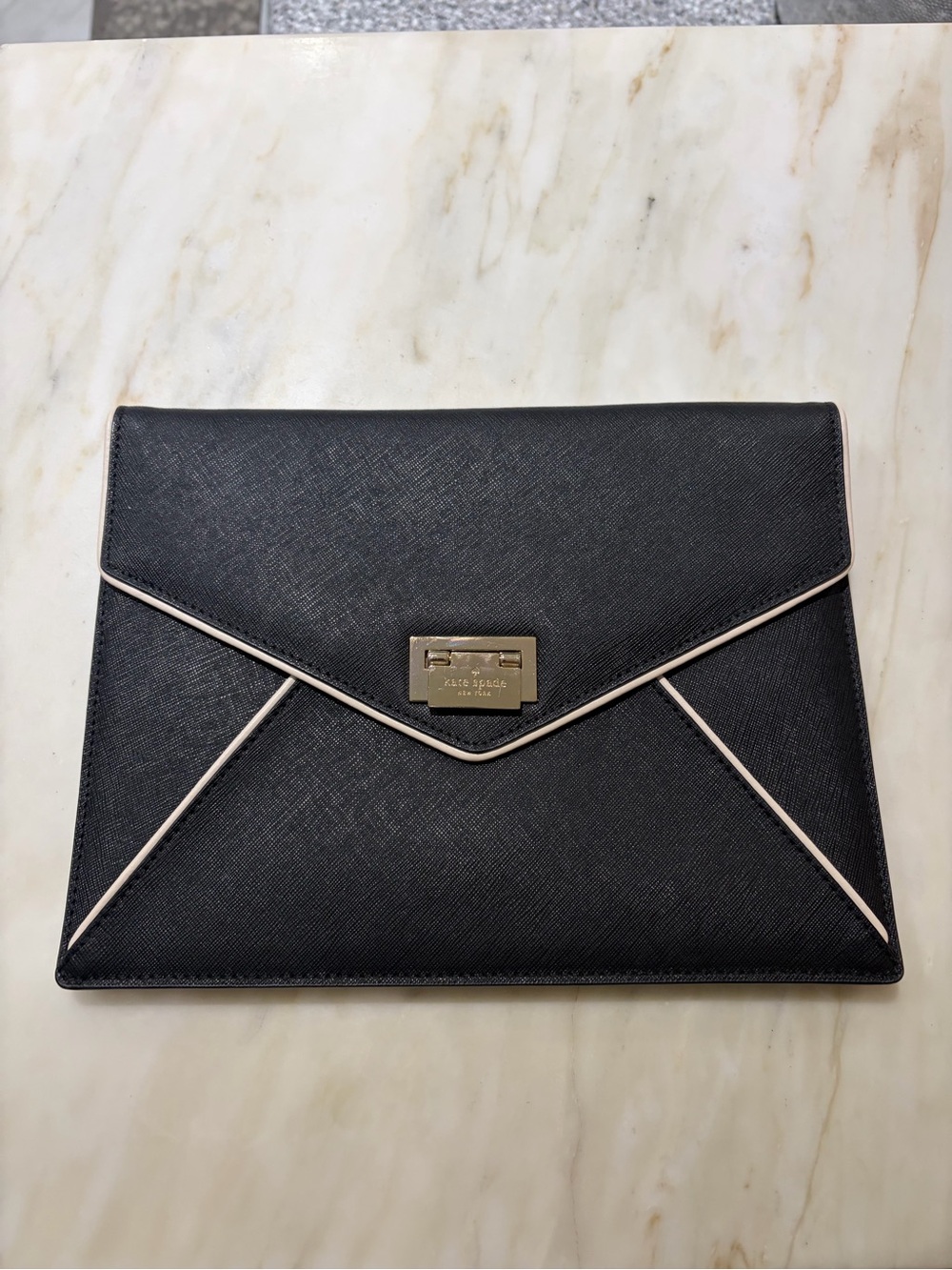 kate spade Black Envelope Clutch with Cream Trim and Gold Plaque